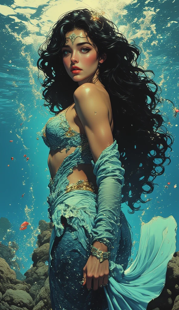 A dark woman with long, white curly hair emerges her figure in water in an environment of infinite violet cosmoswith soft blue tones, her tears are stars