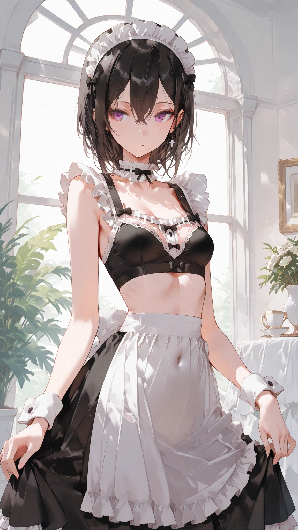 (((masterpiece, highest quality:1.3))),cowboy shot,25 year old beauty, solo,((very small head:1.2)),short bob hair,bangs,black hair,black eyes,blush,smile,medium breasts,(((very long body,slender body))),skinny,gleaming skin,oily skin,(japanese maid uniform,White brim,mini skirt),white_thighhighs,standing,garden、Trees、Garden of a large old mansion、