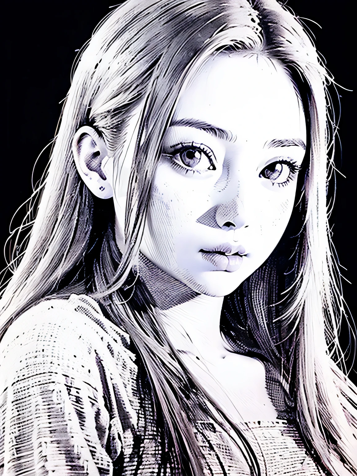 ((Ballpoint Pen Drawing, Best Quality, Super Detailed 1:2, Realistic Photo)), Portrait of One Beautiful Girl, Solo, Long Hair, Straight Hair, Watch Viewer, Bust Shot, Centering, Stippling, (White Background: 1.23)
