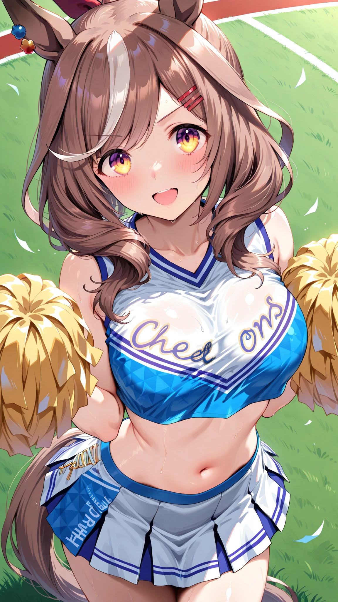 masterpiece, super fine illustration, best quality, light particles, ultra-detailed, 8K wallpaper, (bright colors:1.2), (mature woman), (big breasts), (blonde long hair), twintail, two side up hair, scrunchie, disheveled hair, shiny hair, shiny skin, (beautiful green eyes, shiny eyes), happy smile, blush cheeks, (under boob:1.3), crop top, nipple, (micro skirt, vagina), (cheerleader:1.4), (girl wave 2 cheer pompons:1.2), blush cheeks, arched back, nsfw, outdoor, Athletics grounds, Sunlight, (heart), (vaginal penis:1.2), (a man), (sit astride on man), (lady on top), (cowgirl position:1.4), (rodeo:1.4), hetero, man in below, (intense Sex:1.4), (cum out:1.2), pov,