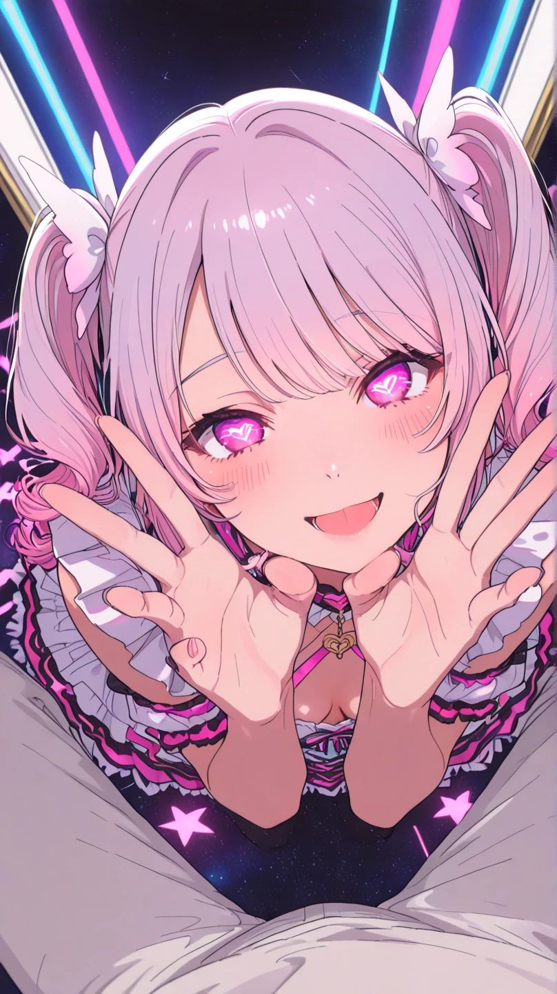 1girl,heart-shaped pupils,fingernails,hands on own face,white hair,purple eyes,(blush:1.1), (from above:1.3),choker,upper body, heart, full body shot, 19 years old, large breasts, triple D cup breasts, round buttocks, bubbly buttocks, wide hips, bubbly ass, ((heavy breathing:1.3)), love, heart, crop top, happy, smile, vampire, nsfw