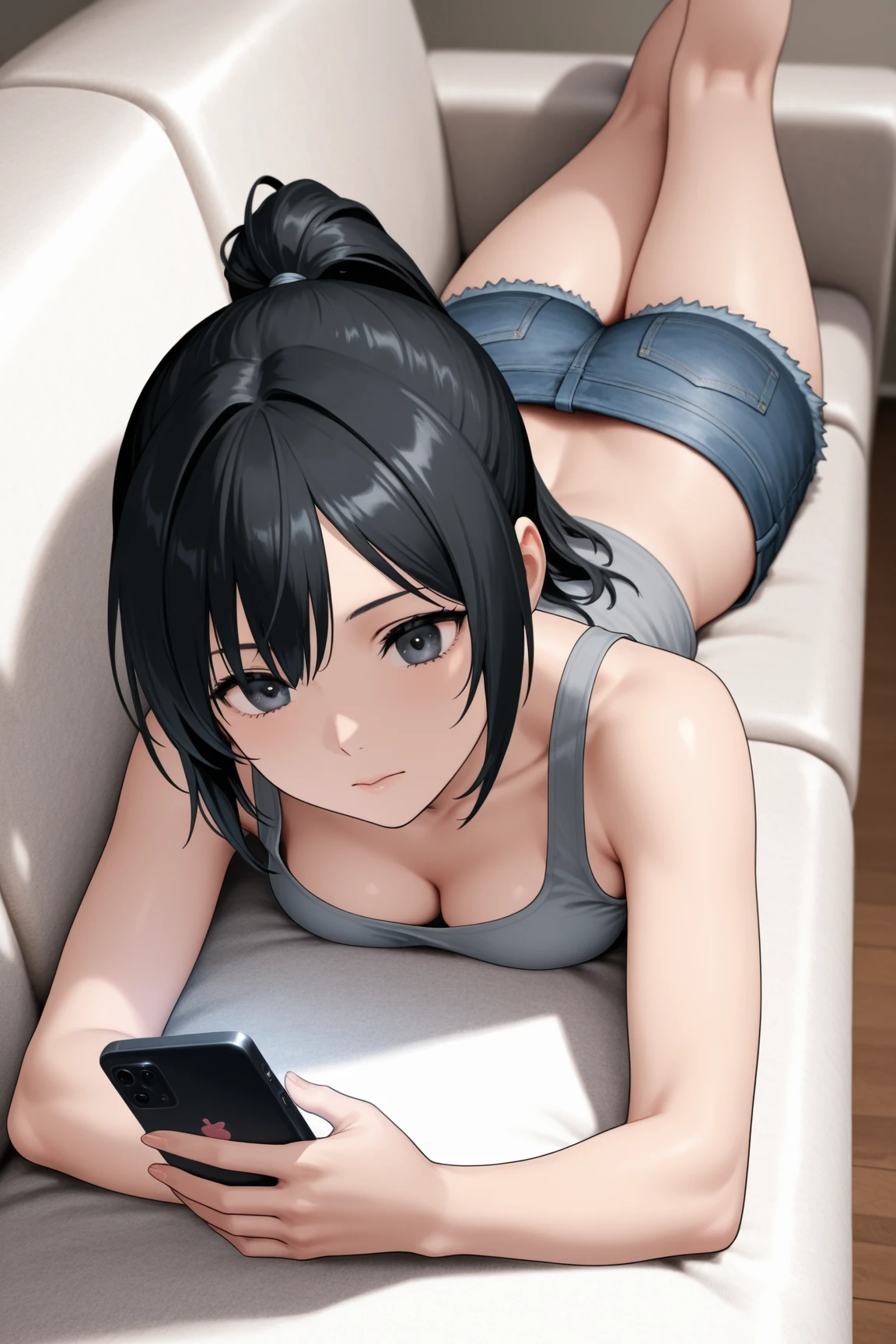 Cute anime girl, black short hair, on the bed , recording herself, cleavage, tight top, black thong, big breasts, sexy , cute , play my phone, 
