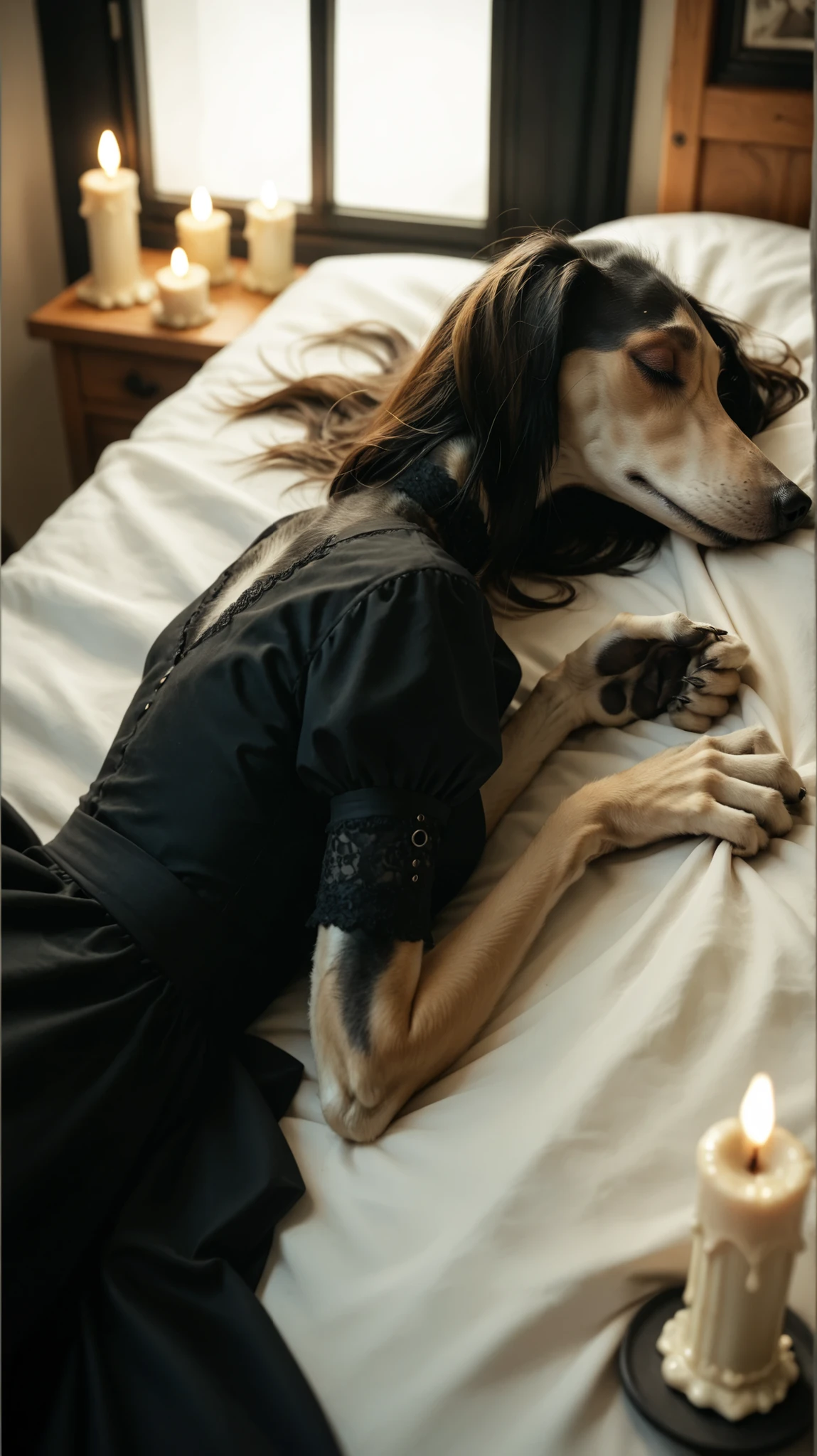 ((saluki dog)) sleeping on a bed with black silk sheets. Set against an (gothic) bedroom backdrop that is covered in candles. eyes closed, paws, (black fur), long tail, saluki, greyhound, borzoi, sighthound