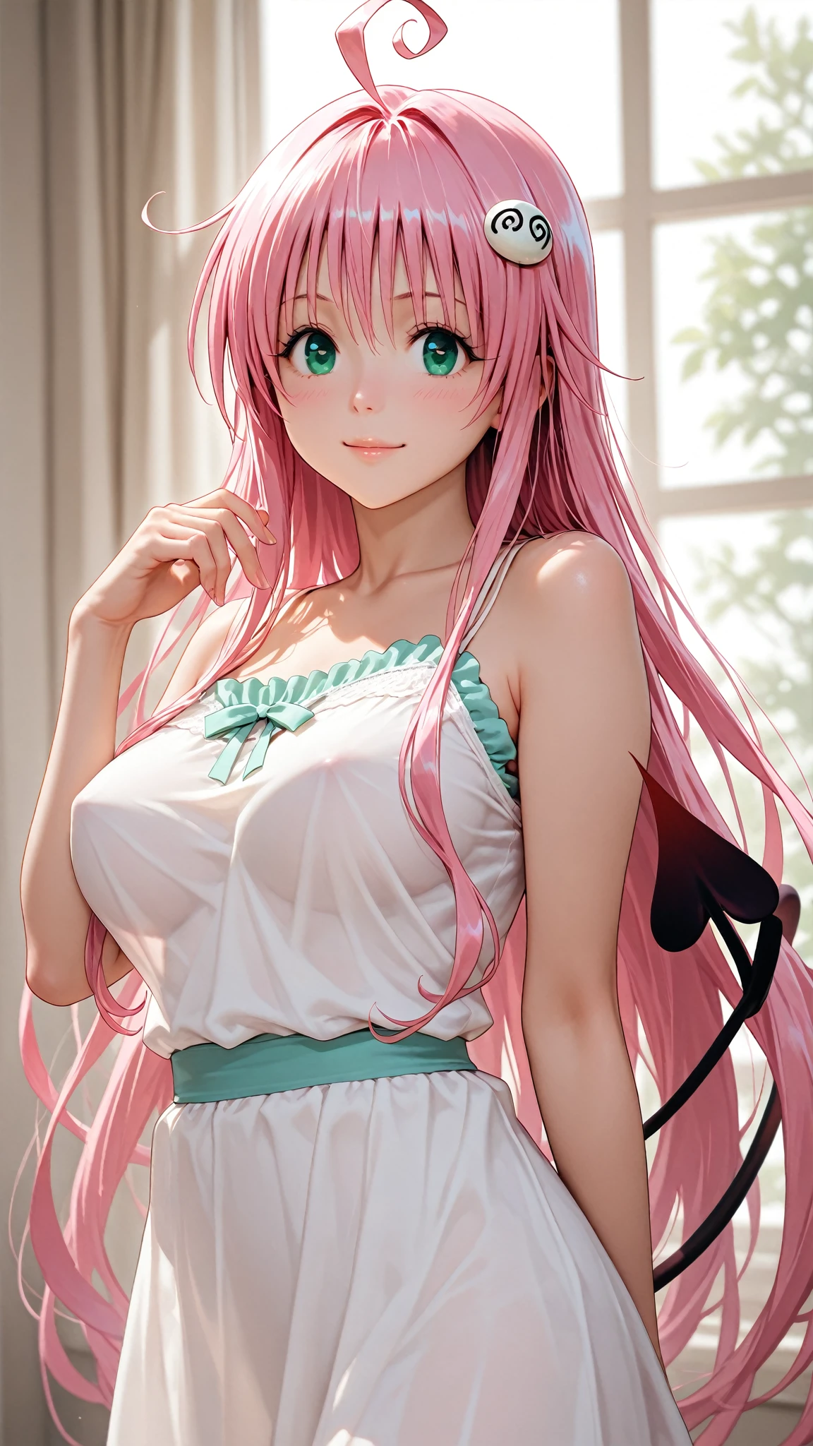 (masterpiece, best quality, beautiful and aesthetic:1.3), 1woman, mature woman,solo, light smile, (Silver pink hair streaked red:1.4), (Gradient pink hair ends:1.6), hair strand, absurdly long hair, single sidelock, wavy hair, shiny hair, floating hair, (deep green eyes), delicate eyes, aqua eyes, super high detailed eyes, long upper eyelashes, makeup, Focus on face, Very detailed facial, Pretty Face, Perfect breasts, hot body, (Delicate skin texture:1.2), bridal veil, lace-trimmed dress, see-through, wedding dress, outdoors, white roses, garden, morning, standing, extreme detailed,