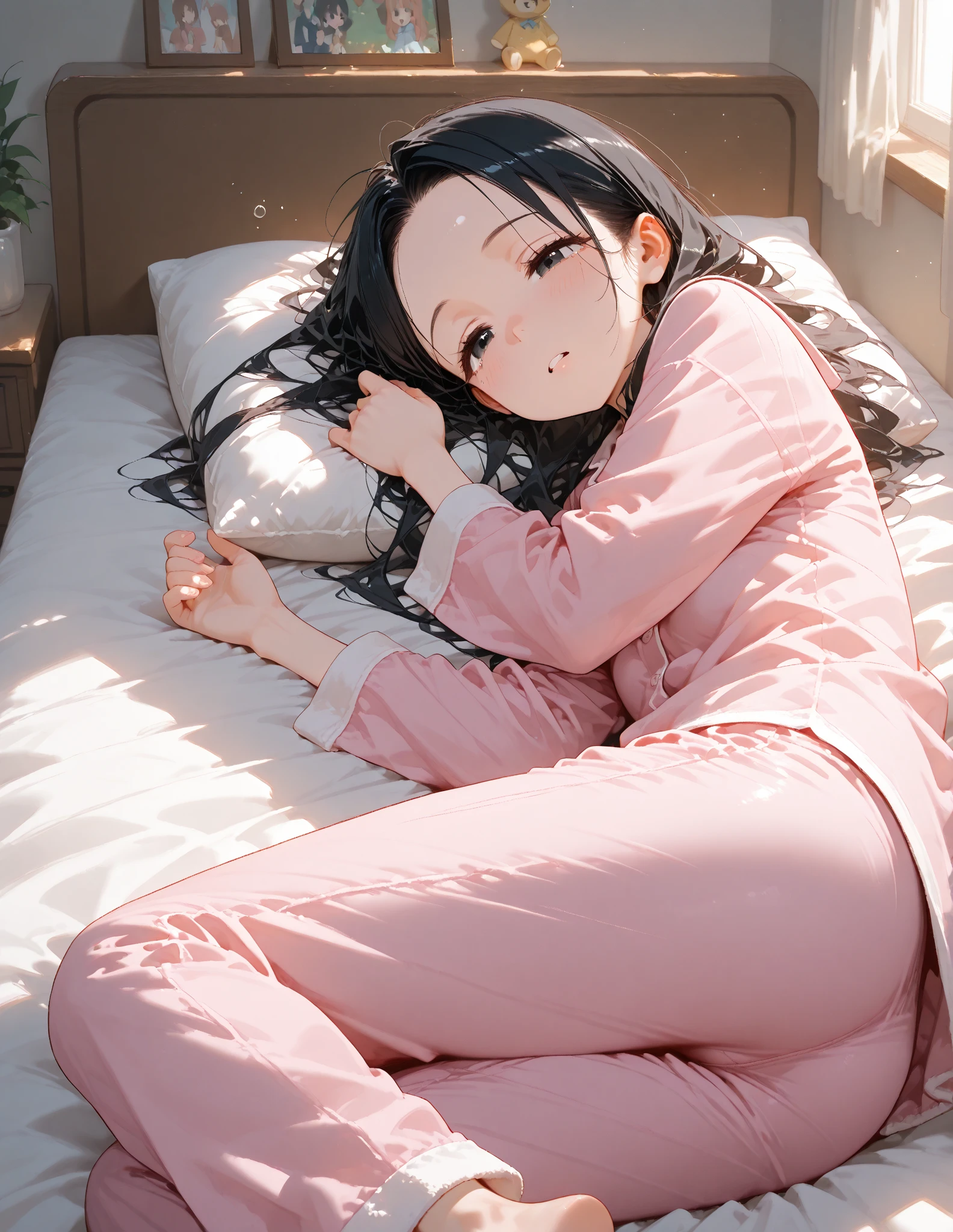 1girl, full body shot, medium brown hair, glasses, pink sweater, casual black solid leggings, sleeping on the bed, unconscious, eyes closed, cute, absurdres, high res, ultrasharp, 8K, masterpiece