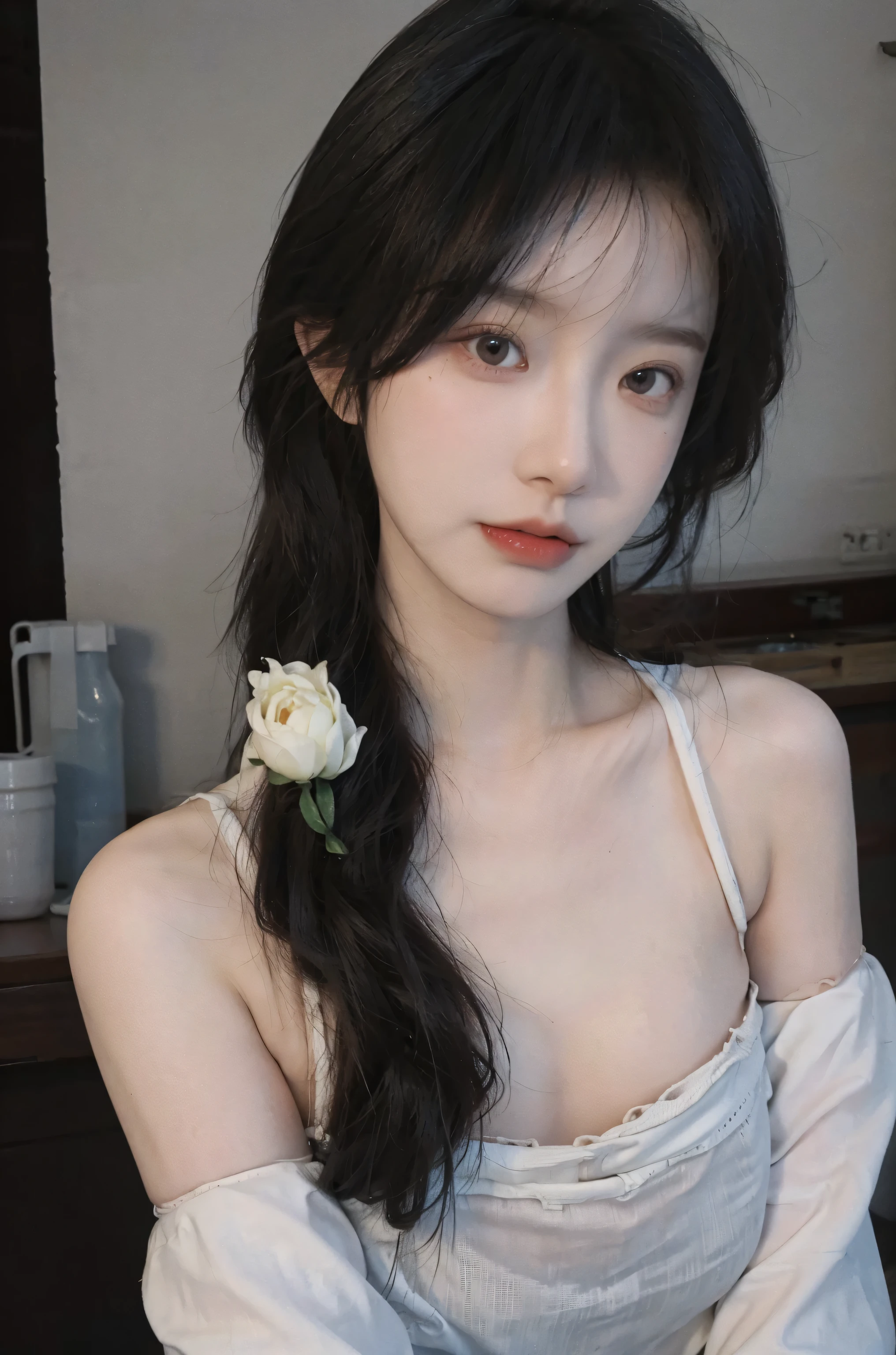 best quality, ultra high resolution, (realistically:1.4), a girl, A pair of clear and charming peach blossom eyes,Royal sister,a sense of atmosphere,a beautiful girl(faded gray hair:1), (Big cleavage:1.3), looking at the audience, Close-up cleavage ,