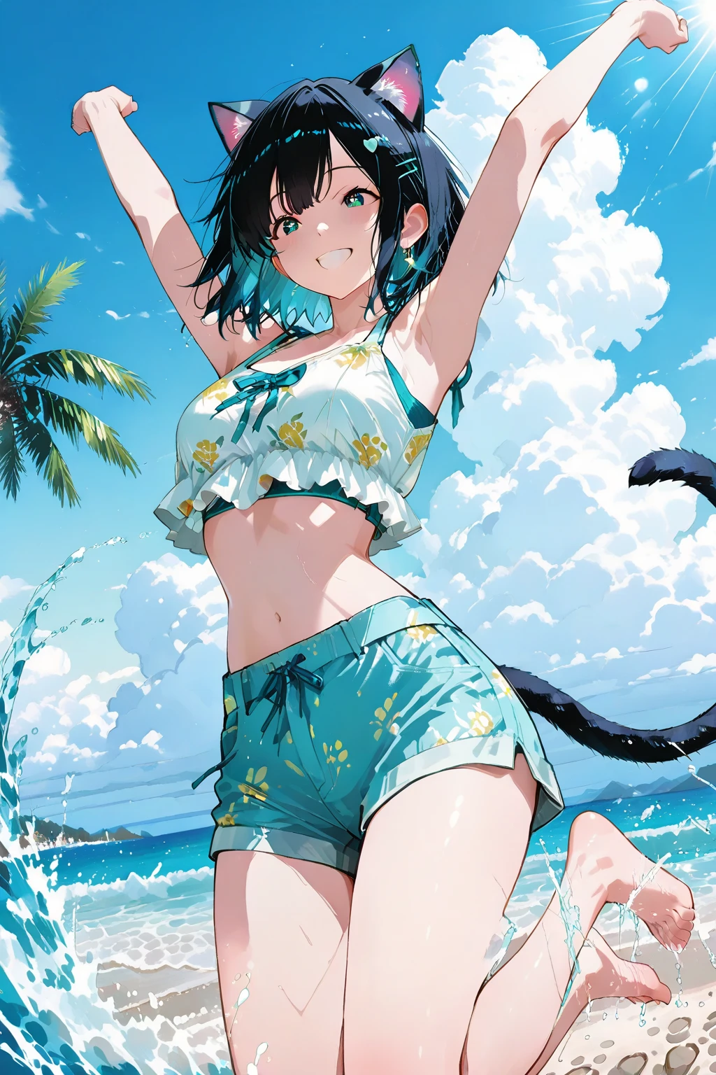 (highest quality, masterpiece, High resolution)、(Anime Art 4k)、(Concept Art)、Cinematic Light、Soft Light、(One Girl、18-year-old)、(whole body)、(Water Play)、Black Hair、(Colorful Swimsuits)、(Brightly colored design)、Layer up with loose fitting T-shirts、Off the shoulder、cute、Cat ear、Bobcut、semi-long、Hair Bun、hair ornaments、choker、Bright smile、Small breasts、(Cat Pose)、(play)、Cat jarashi、Water Play、Water gun、Beach ball、splash、((White Background))、((Blank Background))、