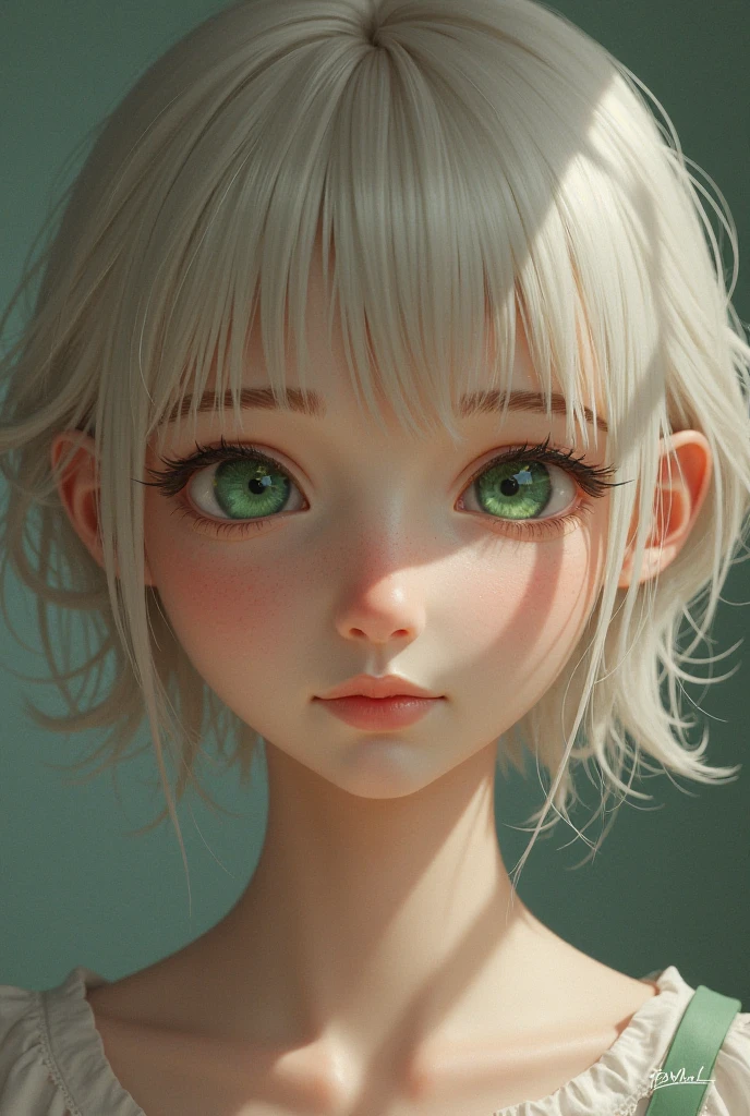 Masterpiece, best quality, high resolution, amazing details, 19 years old girl, (short wavy white hair), short bangs, ((downturned-shaped lime green eyes)), small eyes, portrait, close-up, looking infront, looking at the camera, very fair skin, plain background, t shirt