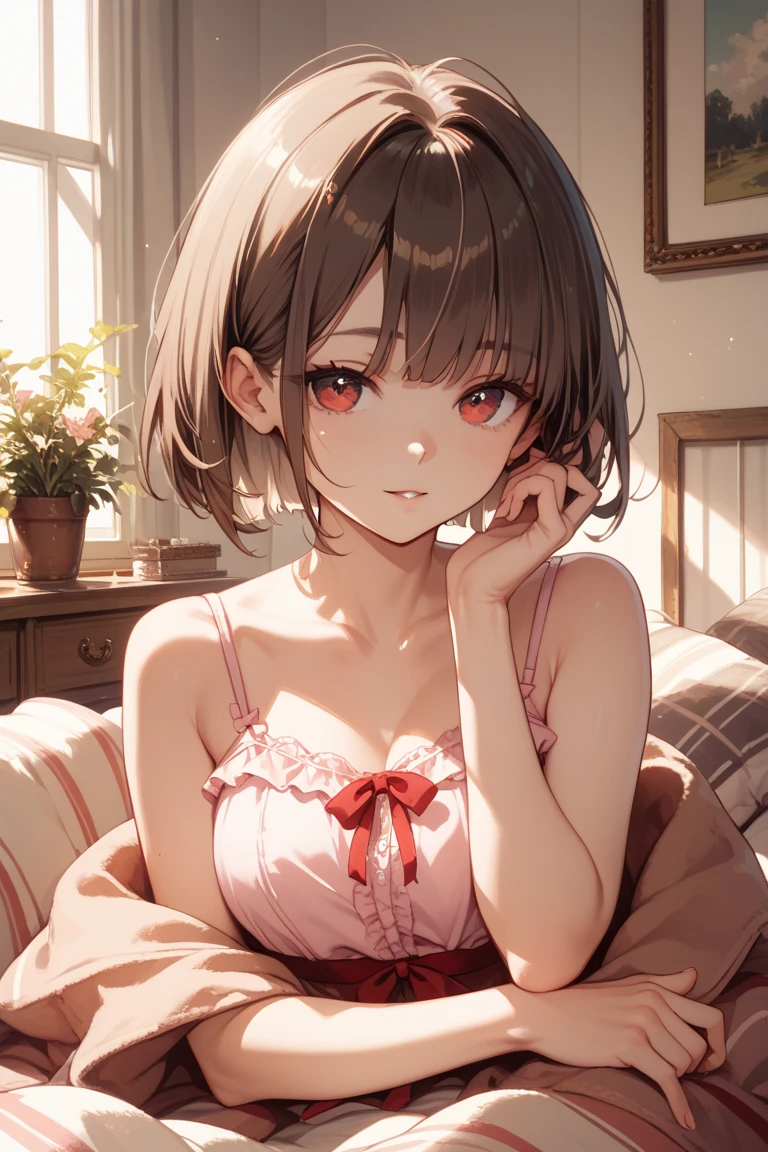 (Perfect anatomy without destruction:1.3),(Accurate and detailed beautiful eyes,lustrous eyes),((highest quality, 16k, masterpiece: 1.3)), beauty, 1 girl, big: 1.2, thin abs: 1.1, (crawl on all fours:1.3), (kneel down:1.3), (super detailed face, highly detailed lips, fine eyes, double eyelid), short hair, Pause, Maroon camisole,Maroon shorts､ white bed, camera&#39;s line of sight, sweating, Funny, sleepy look, from below, (1girl:1.3),(Perfect hands:1.3),(Perfect Anatomy:1.3), (master piece:1.3),(best quality:1.3), detailed,8k ②th：high resolution,beautiful detailed eyes, cute eyes, sparkling pupils, Intricate Iris Details, Captivating Eye Reflections, Sparkling Highlights in the Eyes, Depth and Dimension in the Pupils, Subtle Color Variations in the Iris, Meticulous Eyelash Details, detailed eyes, ③Lighting：Best Illumination, Part ④⑤: ultra-detailed face,detailed skin, ⑥Body shape：(slender body type:1.3), Seven heads, small head, ⑦Skin: ⑧Expression：(blush:1.1), looking back, waiting for a kiss, ⑨Style: BREAK 10. Subject：aamadoka,(mole under eye:0.8),short hair,bangs,hairclip, short hair、bangs、Hair clip ⑪Hair: shiny hair, floating hair, short hair, brown hair, mole under eye, mole, hair ornament, hairclip, BREAK ⑪髪: shiny hair, floating hair, short hair, brown hair, mole under eye, mole, hair ornament, hairclip, BREAK ⑫Environment： ⑬Composition： ⑭Costume : piercing,　(wrinkles between eyebrows:1.3)、