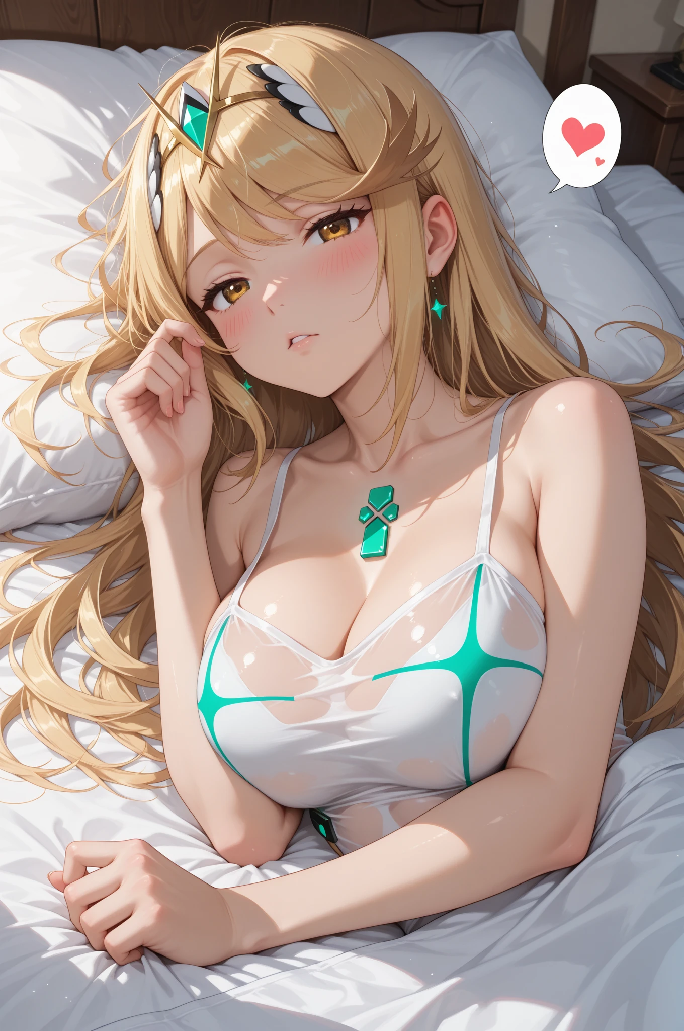 masutepiece、hight resolution、1girl in、in one's underwear only、Light green lingerie、large full breasts、Lying on your back in bed、Cute anime illustration、