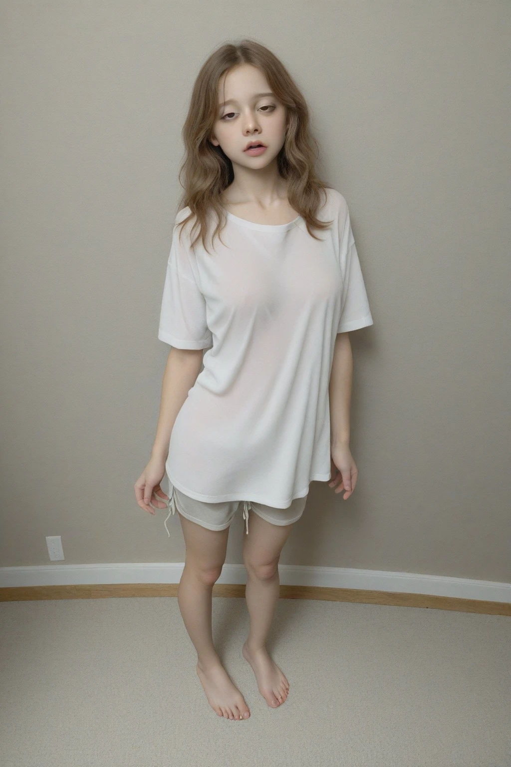 1girl, 18 years old busty woman, eye glasses, short ponytail hair, bangs, light pink blush, standing, underground tunnel, white t-shirt, cleavage, big , small waist, boxer_shorts, thicc_thighs
thighs, legs, perfect fingers, legs spread, shirt tug pose