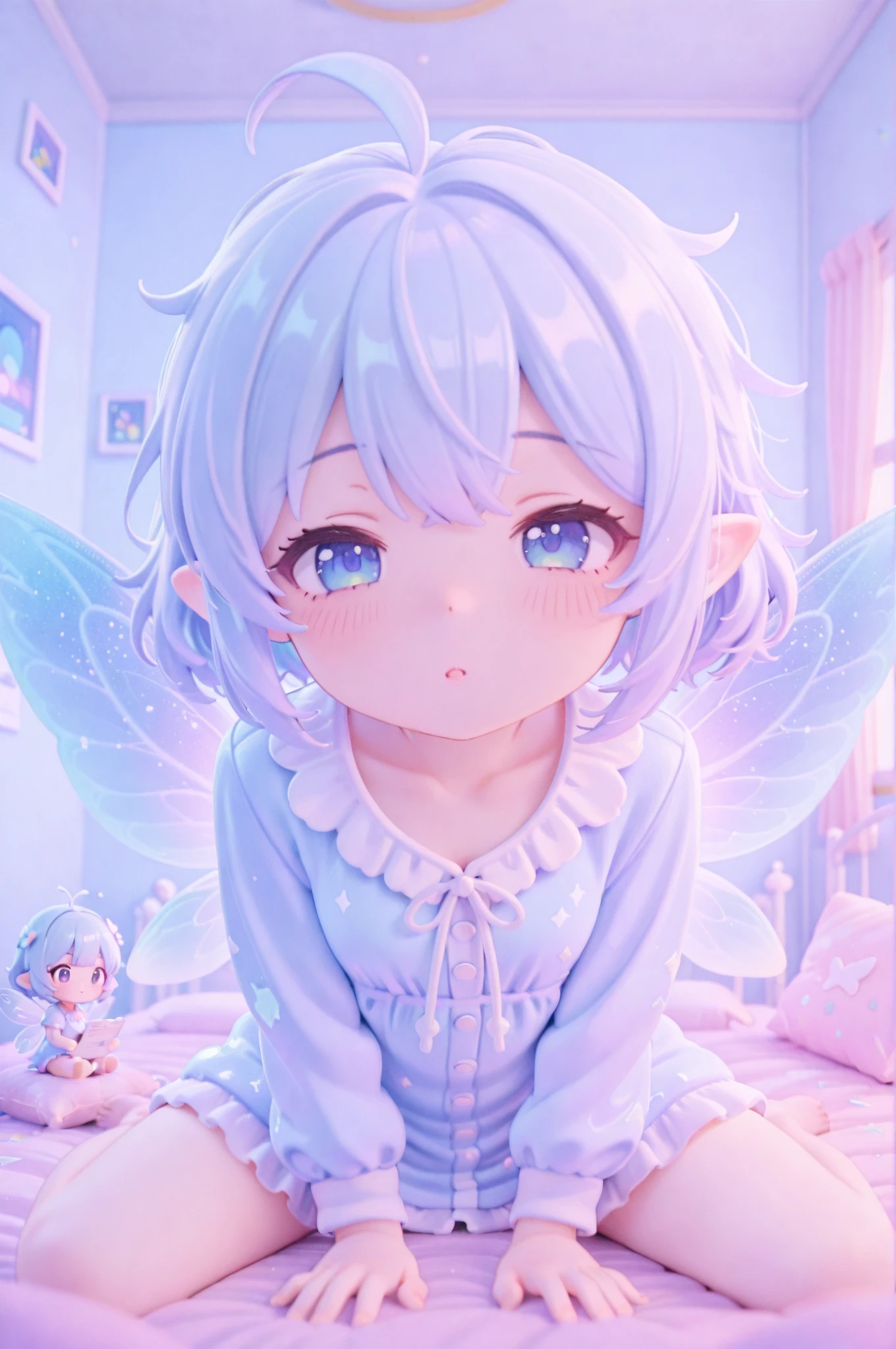 score_9, score_8_up, score_7_up, masterpiece, best quality, perfect facial features, highest resolution, 8k, amazing quality, detailed eyes, clear eyes, dynamic composition, dynamic pose, face clearly visible, Close-up of face, low angle, turn your side, view from the side, turn only your face, face close, 1girl, two people, 1chibi girl, repochi, light blue hair, short hair, fairy wings, fairy, fairy girl, (fairy girl), repochi's clothes, fairy clothes, fairy dress, girl next to me who just woke up, pajama girl, pajamas, pajama outfit, messy hair, sleepy face, sleepy eyes, bedroom, bed, morning, (((clear contrast between light and dark, cool color image)))