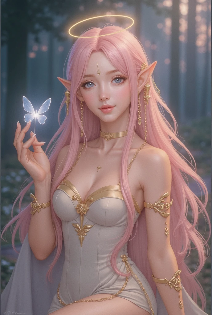 1woman, (big breasts), pink to blue ombre very long hair, close up, (wearing chinese hanfu), ((yellow) gingko leaf), pink long horns on head, elf ears, yellow eyes, seductive, deep neckline, skin exposed, yellow gingko leaves in background, close up, portrait, ((yellow theme)) background, chubby, shoulders covered, sly, smirking