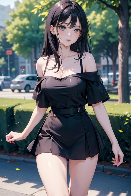 (Masterpiece:1.2, best quality : 1.2, illustration), Gorgeous caucasian woman, (beautiful face), long black hair, (long eyelashes), long thick eyebrows, ((symmetrical eyes)), (beautiful green eyes), (bangs), bangs over one eye, one eye covered by hair, wind blowing hair, ((red glossy lips)), red cheeks, pale white skin, (collarbone), (off-shoulder jacket), black bra underneath, visible cleavage, bare waist (short mini skirt), long legs, ((visible thigh)), dynamic standing pose, slighly bent forward, looking towards the viewer, (dark environment), ((near a river)), ((pebbles)), (snow mountains in background), ((wallpaper)), highres, 4k, 8k, 1080, HD, Intrinsic details, aesthetic outdoors, ((blurry background)), highly focused, extremely detailed, award-winning, (shadow effect), (detailed face), (detailed eys), ((symmetrical eyes))