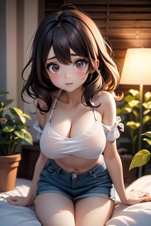 messy hairstyle, 25 years old,  busty, cleavage, unbuttoned , skirt, standing, coy smile,  parted lips, (blushing:1.3), looking invitingly at the viewer, facing the viewer, livingroom background, leaning forward on table, (pov), glowing eyes, necklace, earrings, nsfw, 