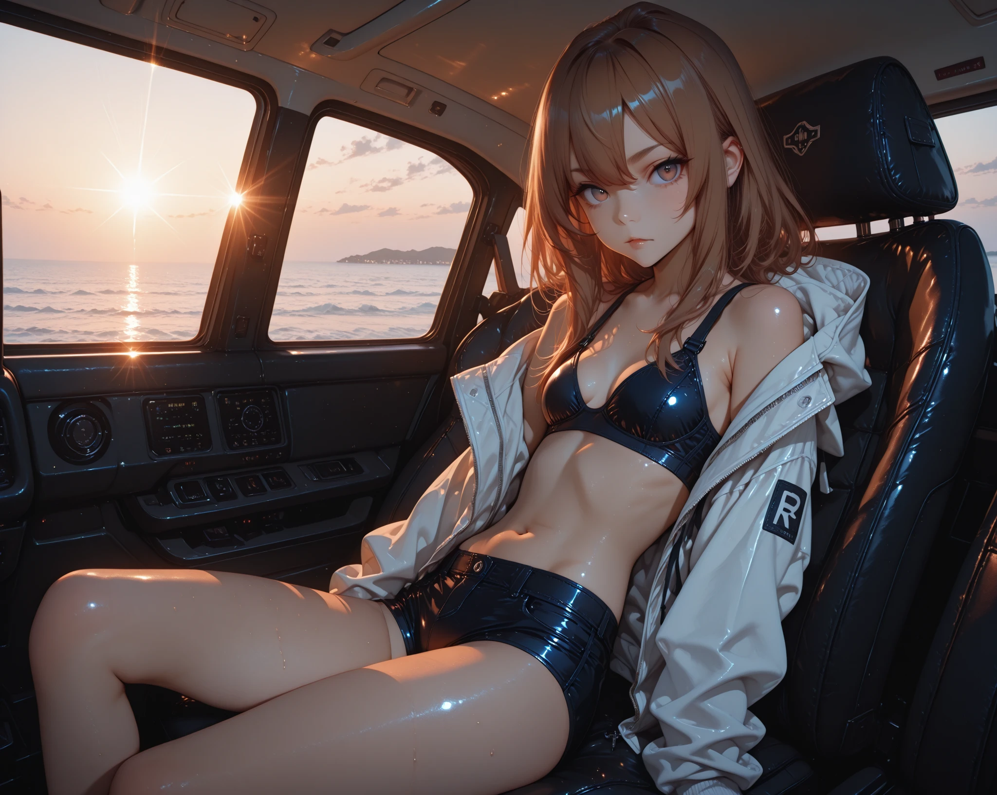 A girl with sunset-colored two-tone hair, wearing a tiny yellow bikini, showing underboob, is riding in a car at night-time with her seatbelt on. The scene is captured in high-resolution, with ultra-detailed and photorealistic quality. The artwork is created using oil painting technique, emphasizing vivid colors and sharp focus. The overall color tone of the image is warm and rich, reflecting the beautiful sunset in the background. The lighting is softly illuminated to enhance the atmosphere of the scene, creating a romantic and dreamy ambiance.