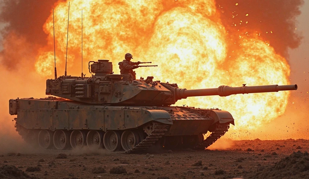 Qassam Brigades, explosive device, zero point, Gaza, Merkava tank destroyed, smoke and fire .