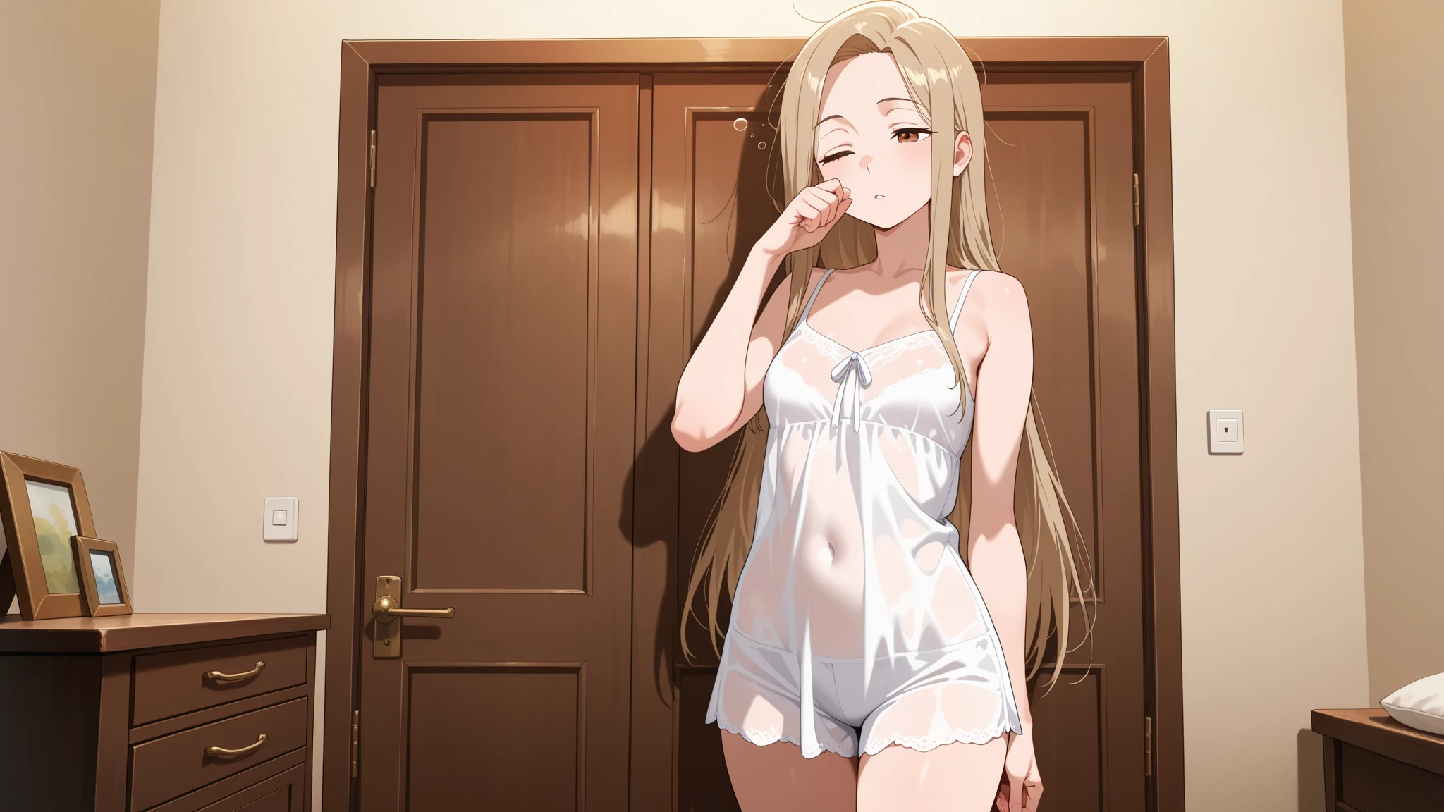 (((megami magazine))),(​masterpiece)), ((top-quality)), (The ultra-detailliert), ((kawaii)), cute little, (Wonderful), ((ighly detailed)), 4K、 (8K), top-quality, (Beautiful fece),(((World-class quality))),(((blonde  hair)))、 ighly detailed, hight resolution,、(((1人の女性)))、(((20yr old)))、(((Adult look))),((composition seen from below))、(((Looking down here))).Embarrassed expression、((rounded body))、((Plump)).(((On the red bed)))、((Detailed crotch)).((large udder))、((detailed thigh))、((perspiring))、((Drooping liquid))、(((Breast milk out of the))),(((open one's legs))).(((lying back on)))、Emphasis on the crotch、(((Crotch bite)))、(((White liquid between the breasts)))、(((White lace dress)))、(((Black lace panties)))、((Putting out the chest))、(((Pretty small eyes))),((inside in room))、(((raise her legs)))