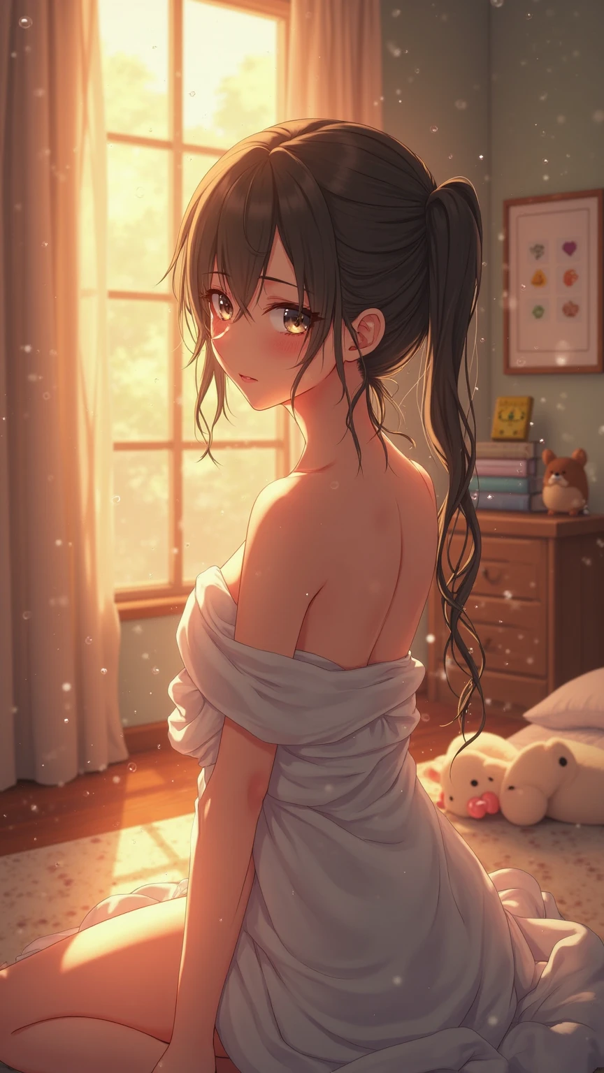 anime girl  only a towel cover up the body