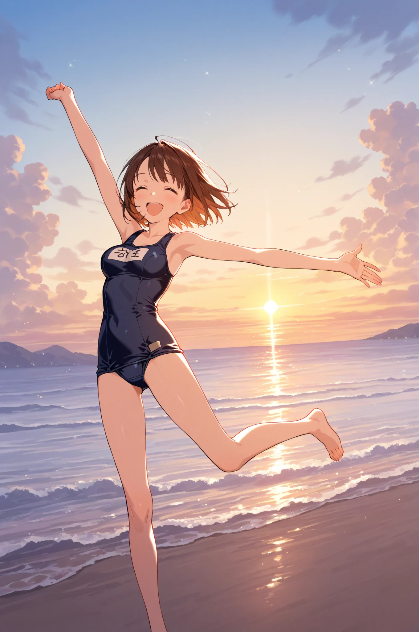 1girl、afloat、Black Hair、Navy blue swimsuit、Ocean、Oceanに浸かる、evening、Reflection on the water、deep faint light 、 detailed CG、high resolution