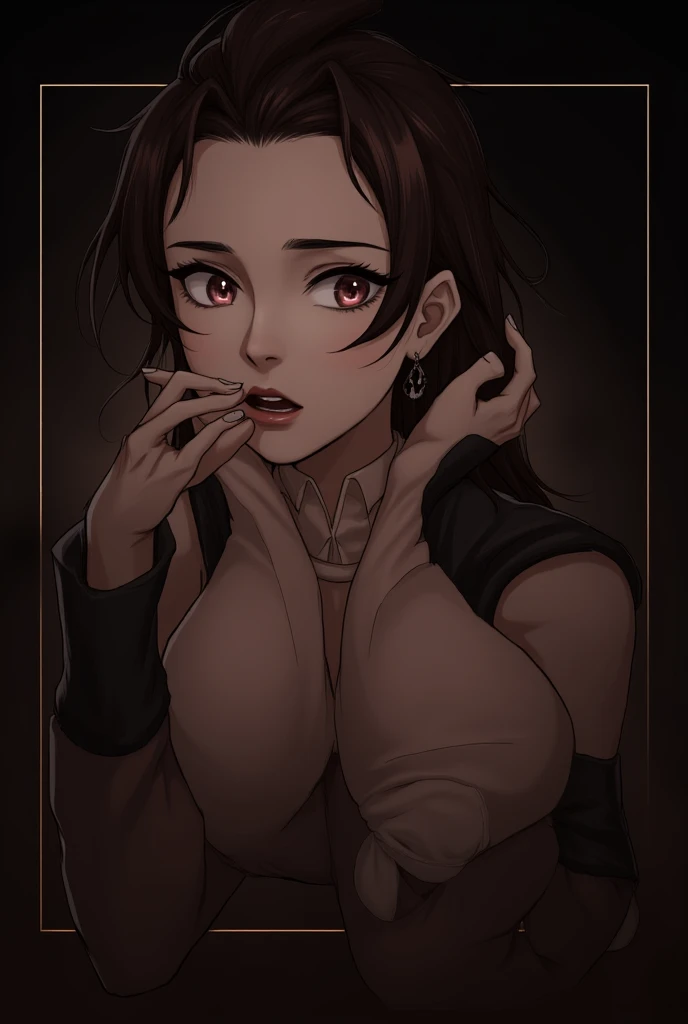 Amazing portrait of a sexy woman with her long black hair in a braided ponytail down her back and her face covered with amazing makeup including her seductive eyes with smoky eyeliner and her red lips parted wearing a brown short tank top that showcases her medium chest with cleavage layered with a brown short coat and a brown miniskirt that showcases get curvy hips and small waist
