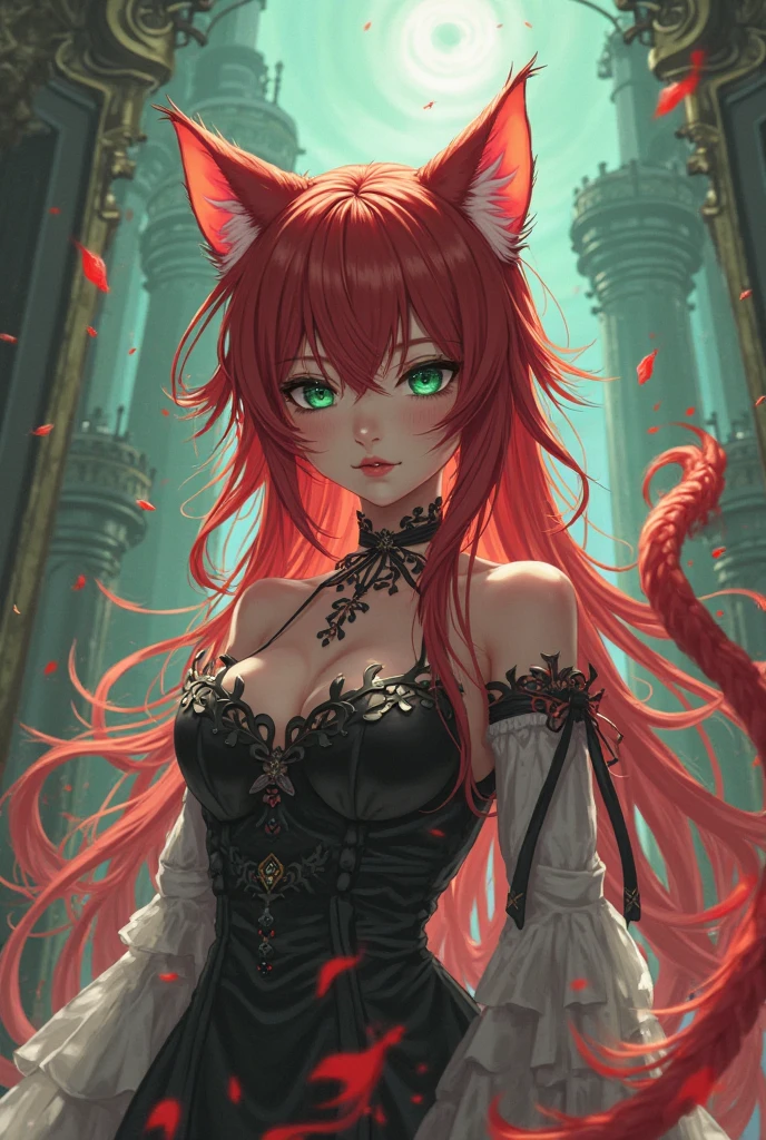 Mature woman, solo, neko, fluffy cat ears, fluffy cat tail, red hair, very long hair, golden eyes, slit eyes, DARK skin, fantasy clothing, top quality, ultra definition, Illustration, high resolution, fantasy background