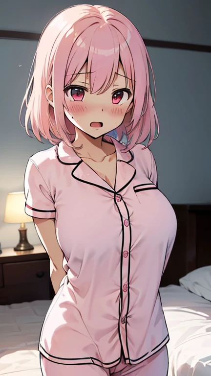 masterpiece、highest quality、Very detailed、Photograph the upper body、1 female、(Put your arms behind your back:1.4)、Are standing、Turn your body forward、View your viewers、(pajamas)、break,blush、shy、Pink Hair、Open your mouth、Bedroom、Big Breasts、
