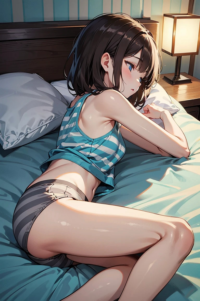 Girl in underwear、Lying asleep on the futon、I'm tormented by lewd dreams、Futon with white sheets, Enchanting girl, Naughty, Smooth CG art, Gwaiz, Touching her clothes, Beautiful and attractive 20 year old, Wearing a yukata,Light blue underwear , ,topless , Real young gravure idol, open legs,