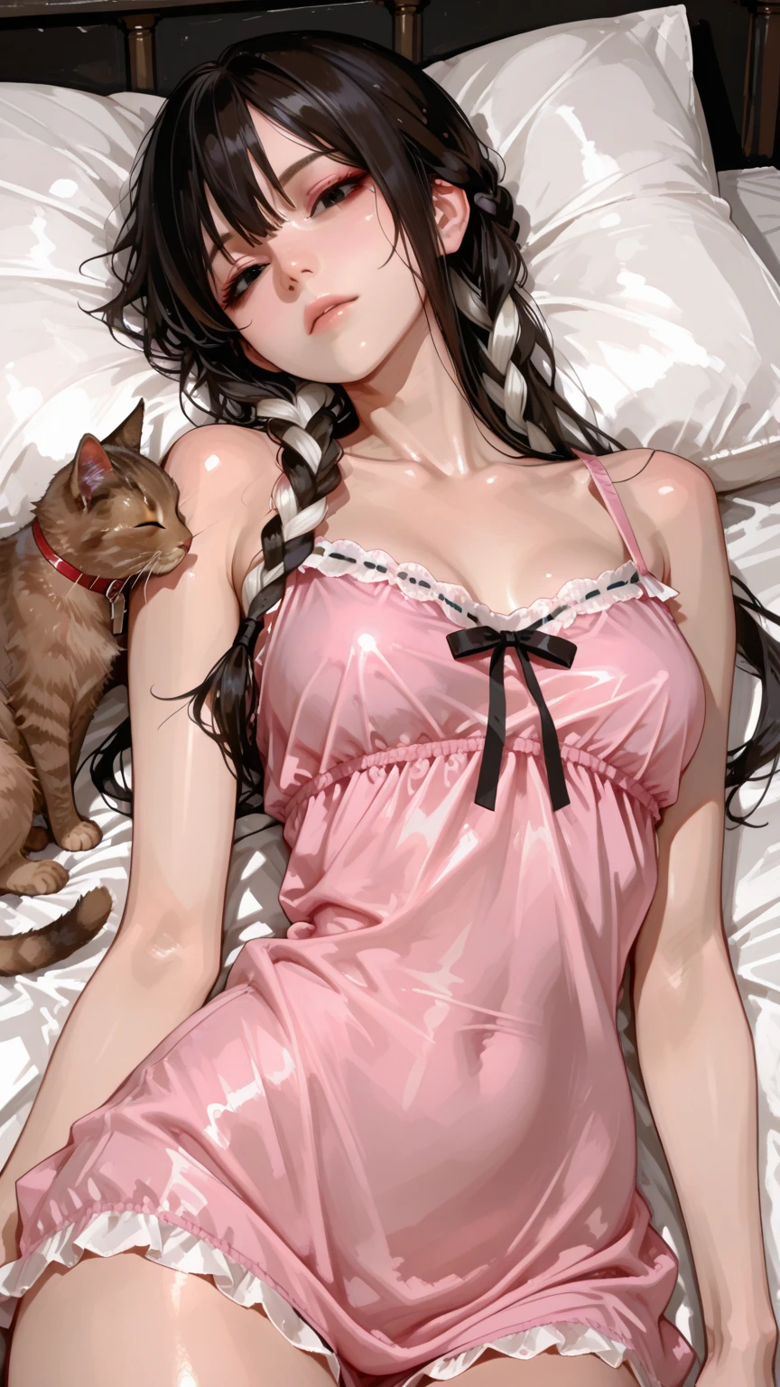 A 12-year-old white girl lying on the bed, transparent short pajamas, lying on the bed, (legs open), full body, large breasts.