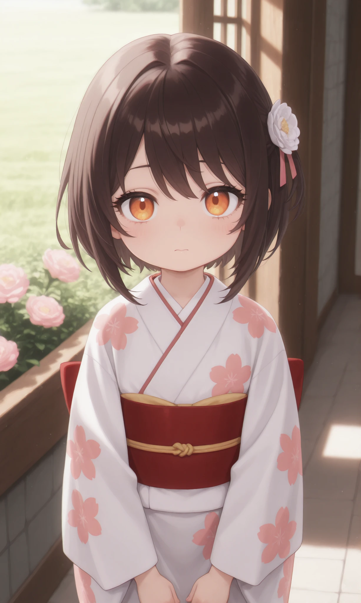 masterpiece, better quality, newest, safe, good anatomy, good resolution, good lighting. beautiful, anime, , adorable. Little girl, Dark Brown Hair and Short Hair, Hairstyle. Intense orange eyes. black eyelashes, piel clara. Age: 5, It measures 1'10 cm . looking at the spectator, Alone, Spring background. wearing clothes: Kimono with floral designs.