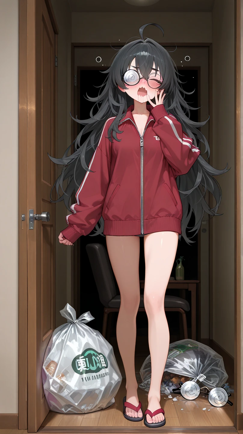 In the morning, I ran into my neighbor at the front door of my apartment building , She is holding a garbage bag while yawning , She is standing at the front door , Through the open door, I can see her messy room , 
1 girl , round face , drunk , blush , looking upwards , wavy mouth , saliva , coke-bottle glasses , double eyelids , defined eyebrows , Subtle eyeliner around the eyes , sharp nose , full lips , black hair , messy long hair , flyaway hair , ahoge , cross bang, giving a tight and defined face , wheatish skin , flawless skin , svelte body , average height , slender legs , red tracksuit , zipper down clothes , wrinkled clothes , different colored sandals , (((  legs ))) , 
break , 
( ambient occlusion:0.9 ) , masterpiece , best quality , ultra-detailed , high resolution , extremely detailed CG , unity 8k wallpaper , super detailed skin , perfect  , detailed beautiful face , detailed beautiful eyes , highres , chiaroscuro , highly detailed background , elaborately designed clothes , cinematic lighting , romanticism , full body , cinematic angle , 