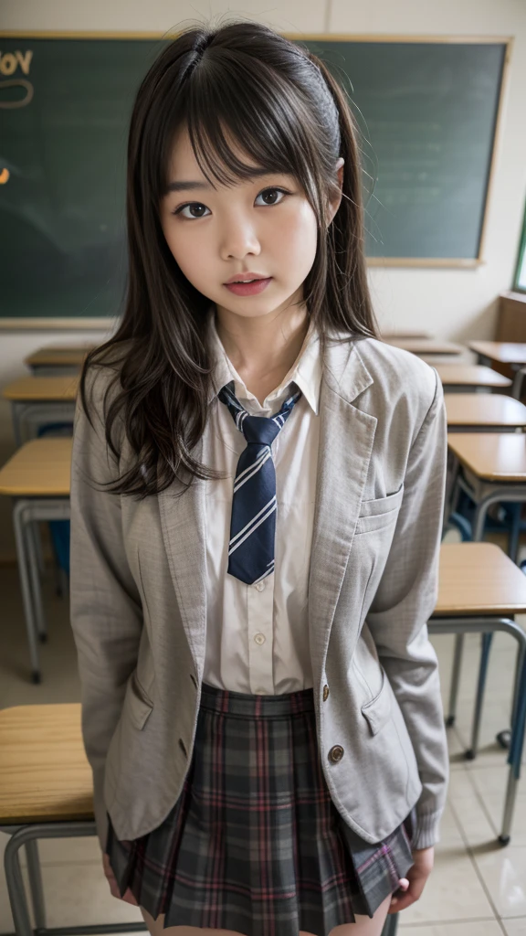 8K,Best Quality, masutepiece, ultra-detailliert, 超A high resolution, Photorealistic, Raw photo, absurderes, absolutely resolution, 1girl in, Full body, Looking at Viewer,a Japanese young pretty woman, hyper cute face, Glamorous figure, Large breasts,Long bob hair,Smile,(School uniform:1.3),Dark blue high socks,Beautiful eyes, ,Windy, (I&#39;m sitting on a chair in the classroom:1.3),Glossy lips, Double eyelids in both eyes, Natural makeup, long eyelashes, Shiny and smooth light brown ponytail, bangss, Shiny skin, central image, High resolution, high detailing, detailed hairstyle, Detailed face, spectacular movie lighting, Octane Rendering, Vibrant, Hyper realistic, Perfect limbs, Perfect Anatomy