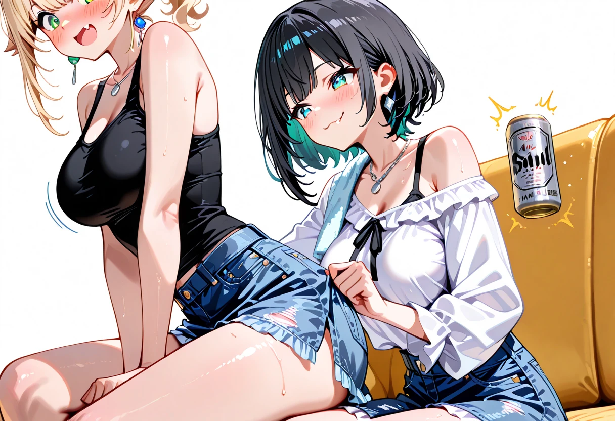 Nsfw, (8K、Highest image quality、highest quality、masterpiece)、detailed face、one 、black hair、short twintails、gray eyes、evil smile、((grin))、small breasts、((white camisole))、((tight denim short shorts))、((bent over:1.1))、((downblouse))、put your hand on your mouth、cowboy shot、stage background, ((nipple outlines under blouse)), ((buttcrack)), small waist, ((big ass)), ((thick thighs)), ((covered by clothing)),
