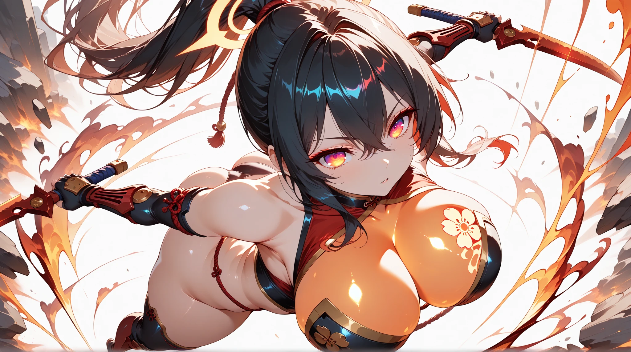 ((seductive pose)) (()) (()) ((beautiful japanese supermodel is a evil yokai)) ((Big bright eyes)), ((dark eyeshadows make up)) ((bright red lips)), ((with seductive gaze)) ((very long black hair))((big breast:1.8)) ((perfect fit body:1.3)) ((wears fantasy red and black kimono tiny string thong bottom)) ((long sleeves, long stocking)) ((glowing magic sparks particles floating around))((with black sky background and white light reflectors on her)), ((high definition:1.5), ((amazing lights and shadows)) ((masterpiece:1.5))((8k:1.5)) ((Best quality:1.4)), more_details:-1, more_details:0, more_details:0.5, more_details:1, more_details:1.5, more prism, vibrant color