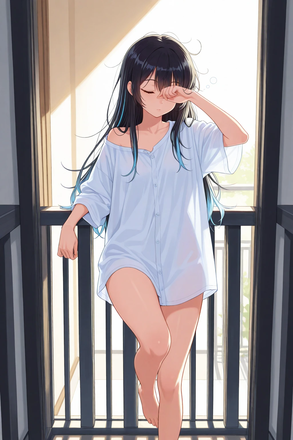 ８K, Highest quality, masterpiece, Ultra-detailed、Straight Hair、Shiny Hair、Black Hair、Medium Hair、full lips、Blue Eyes、１８Year-old beauty、Portrait、In front of the elevator、smile、T-Shirts、