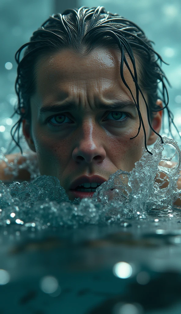 the man is drowning under the water and screaming. The camera shows the man's face under the water