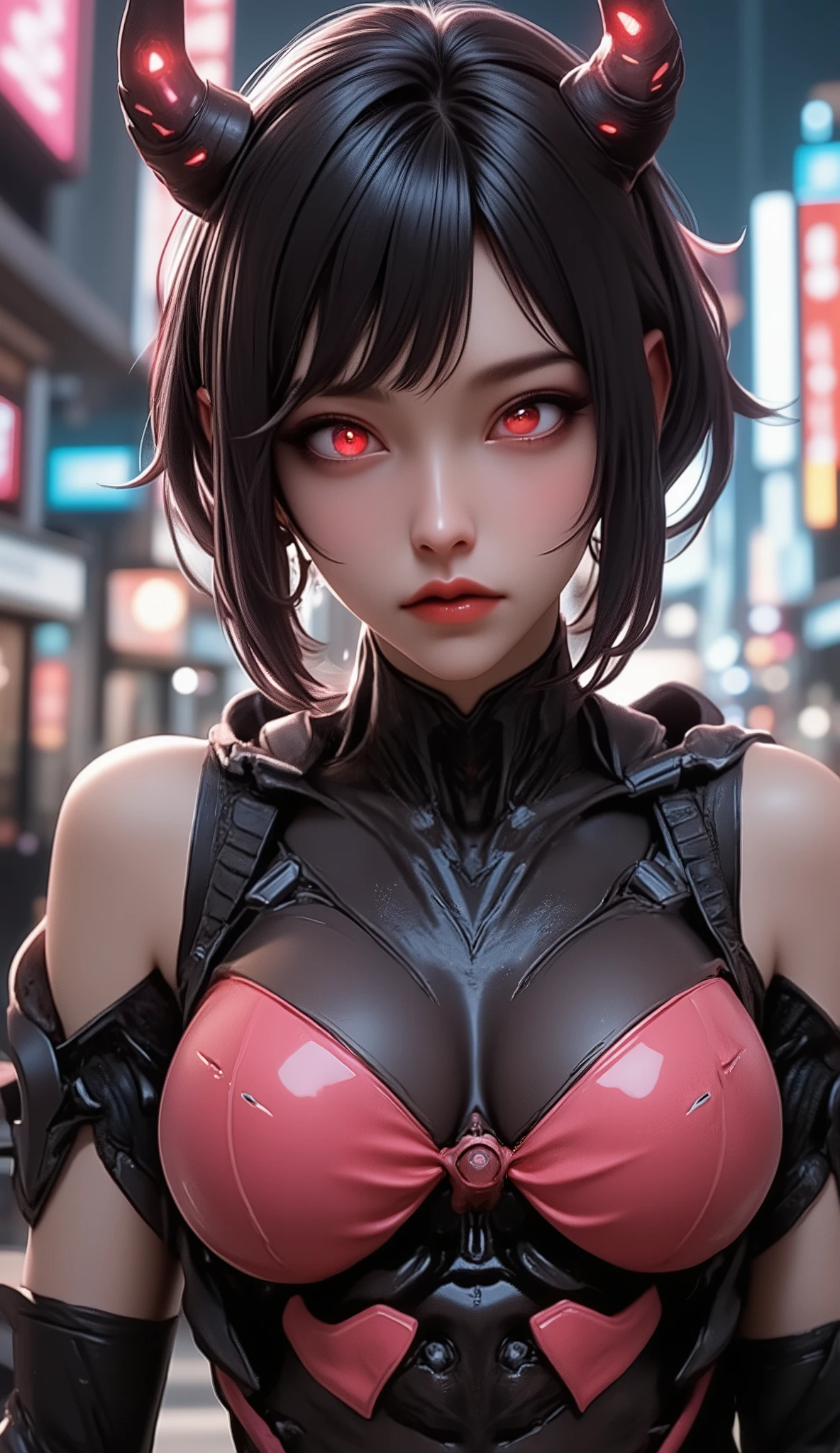 super hot sexy little cyberpunk devil, detailed portrait of a seductive female cyborg demon, sharp facial features with glowing red eyes, horns, dark makeup, provocative pose, sultry expression, detailed mechanical body parts, neon cyberpunk city background, moody dramatic lighting, dark colors, cinematic, digital art, 8K, photorealistic, hyper detailed, masterpiece