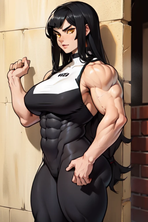 ((((((((1 girl)))))))), (((((((muscular))))))) black hair, yellow eyes, very long hair, tall, pale skin, (seductive expression), against wall