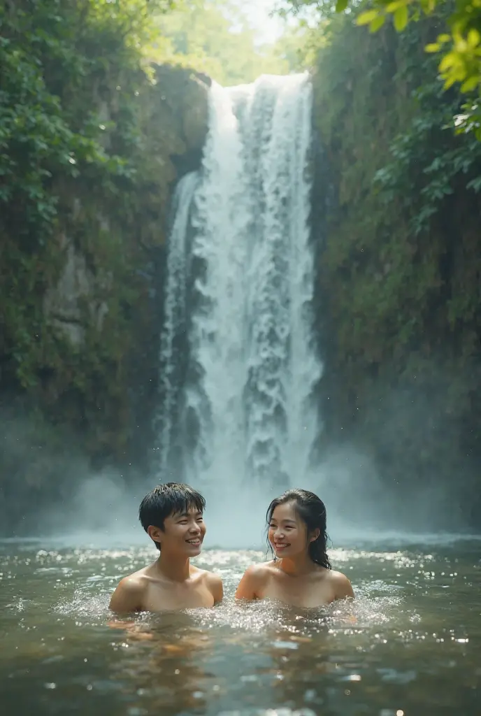 ((最high quality, 8K, masterpiece: 1.3)), (close:0.75), Realistic, Sharp focus, high quality, High resolution, Two Chinese career women、36 years old、Middle-aged mature woman face、Chubby body type、Her breasts are huge, measuring 40 inches. {Grey underwear}, ((Very strong sunlight)), smile, Brown hair Sonyoung,Shyly embracing each other in front of a waterfall in the forest、Images of someone getting completely wet from splashes of water、Lesbian couple 8K images、