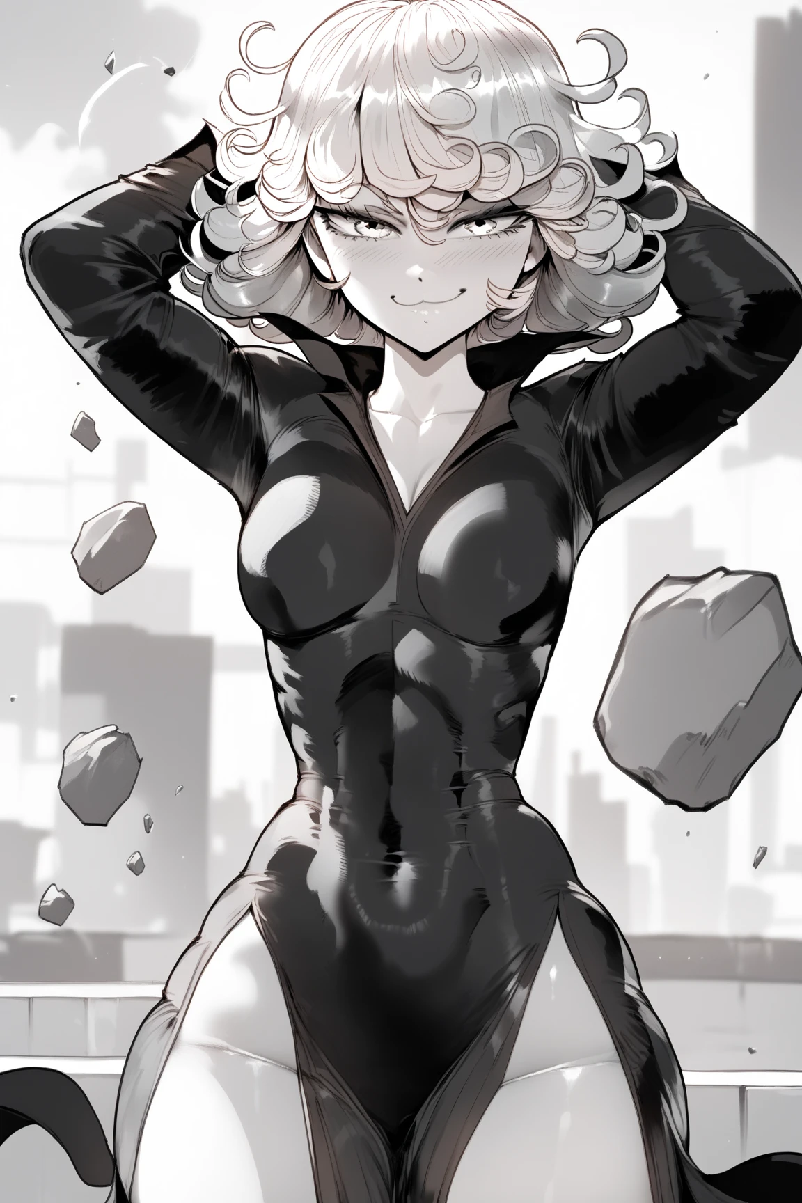 <lora:Bone_Nigi-PonyXL-1024px:0.8>
score_5_up, 
1girl, solo, standing, arms behind head, armpits, wearing (highleg_leotard), short hair, covered navel