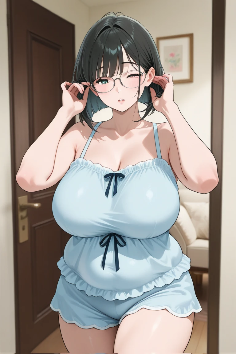 (( close、16k、highest quality、high detail、Rich skin details, nffsw)))、perfect anatomy、Office Lady、(((huge breasts、Chubby)))、Sweat,put your hand on your chest、wide ass、thick thighs、(red eyes)、Glasses、((short hair、Putting your hair back))、((black hair)),  ((((blush、embarrassing、surprised))))、Are crying、Are standing、((Light blue floral lace bra、Light blue floral lace panties、put your hand on your chest))、:○、(company hallway)、