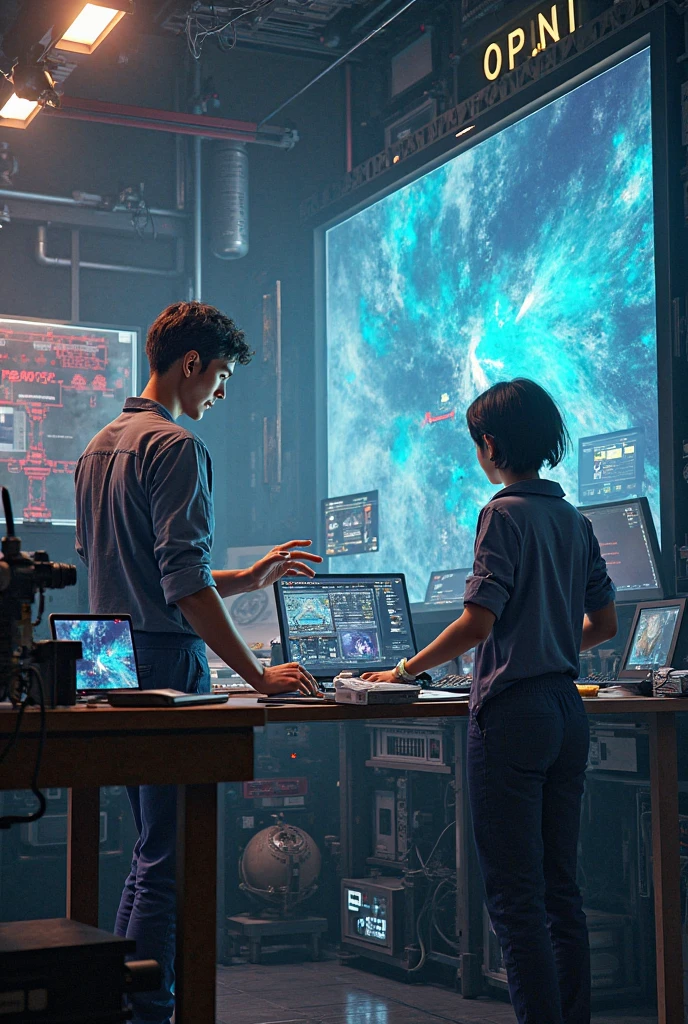 A young man is programming on a computer in a room full of gadgets, Pol Makoto Shinkai e Ghibli Studio, Dramatic lighting, Very detailed, Great quality, Dark Skin, Cone Fade、Space landscape with earth on top、