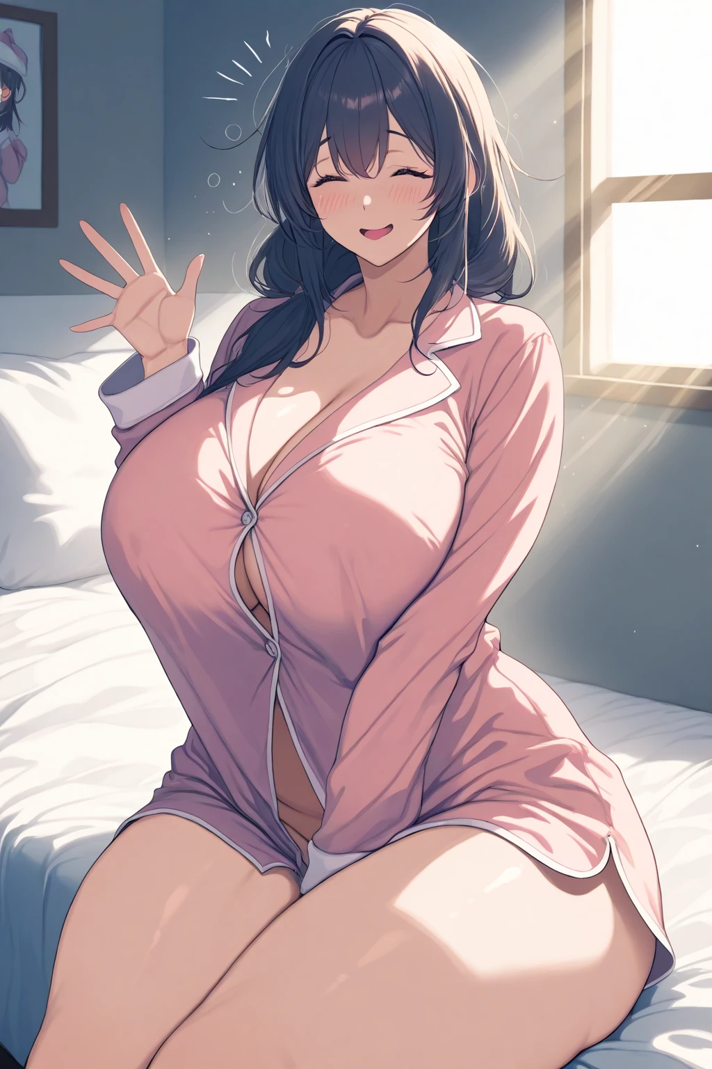 nsfw:1.3, cute Big Breasts high school girl younger sister, No pubic hair, Cute pink room, fingering masturbation, spread pussy with finger, Spread your legs wide, legs up, lying bed, 2 finger into vagina, grabbing own breasts, pull punty string to knee, Loungewear, pov, from below