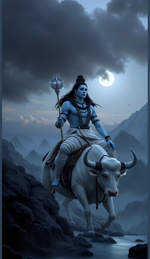 God Shiva with his weapon sitting on huge bull background with ice hills and angry face .