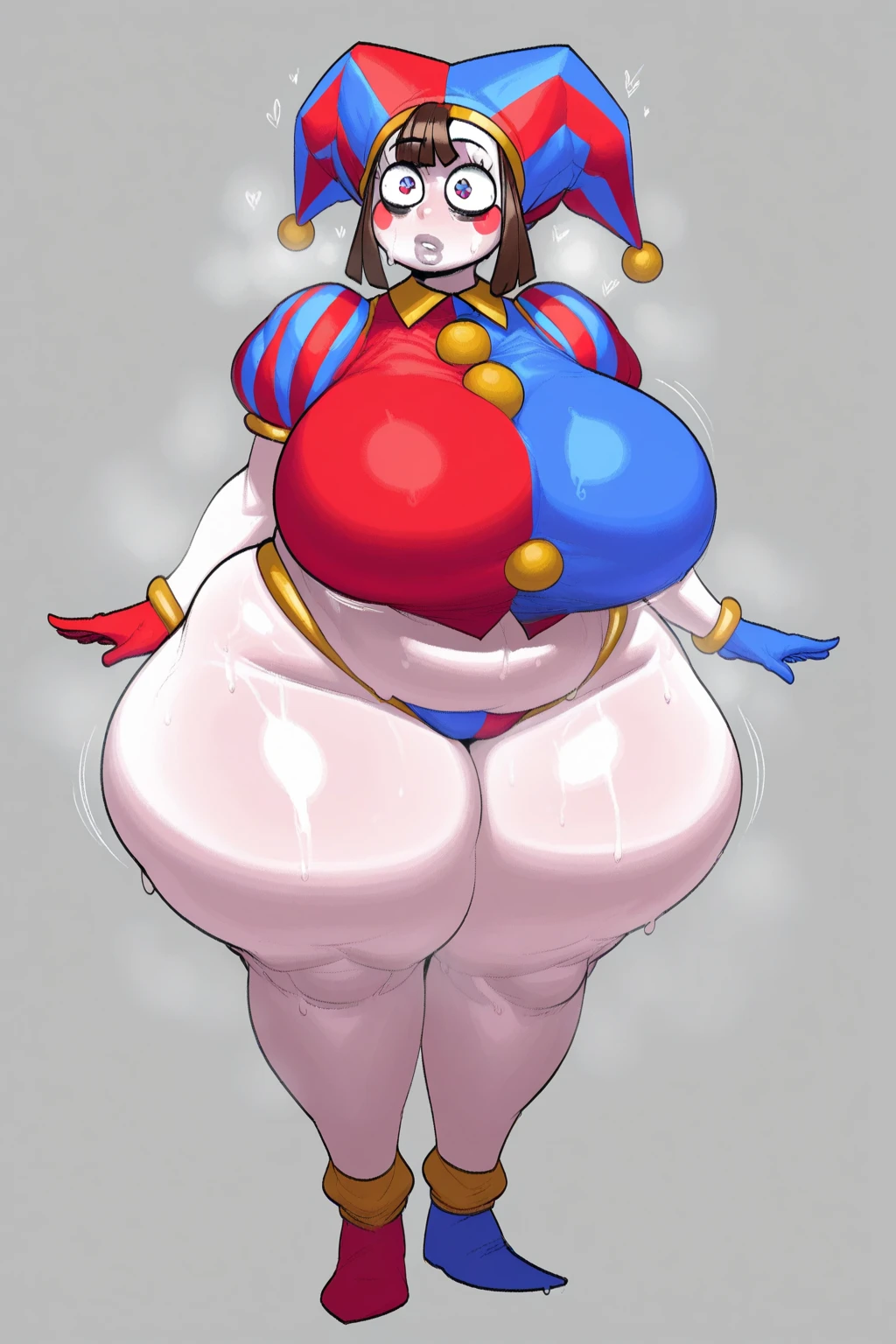 wide hips, huge breasts, outie navel, pussy peek, cyborg, huge ass, robotic legs, big robotic fists, gundam hands, plain background, soft colored background, plump labia,