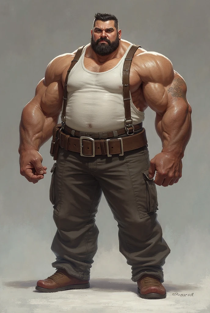 Big giant body builder bald white men wearing unbuttoned double pocket morron shirt with logos in bar