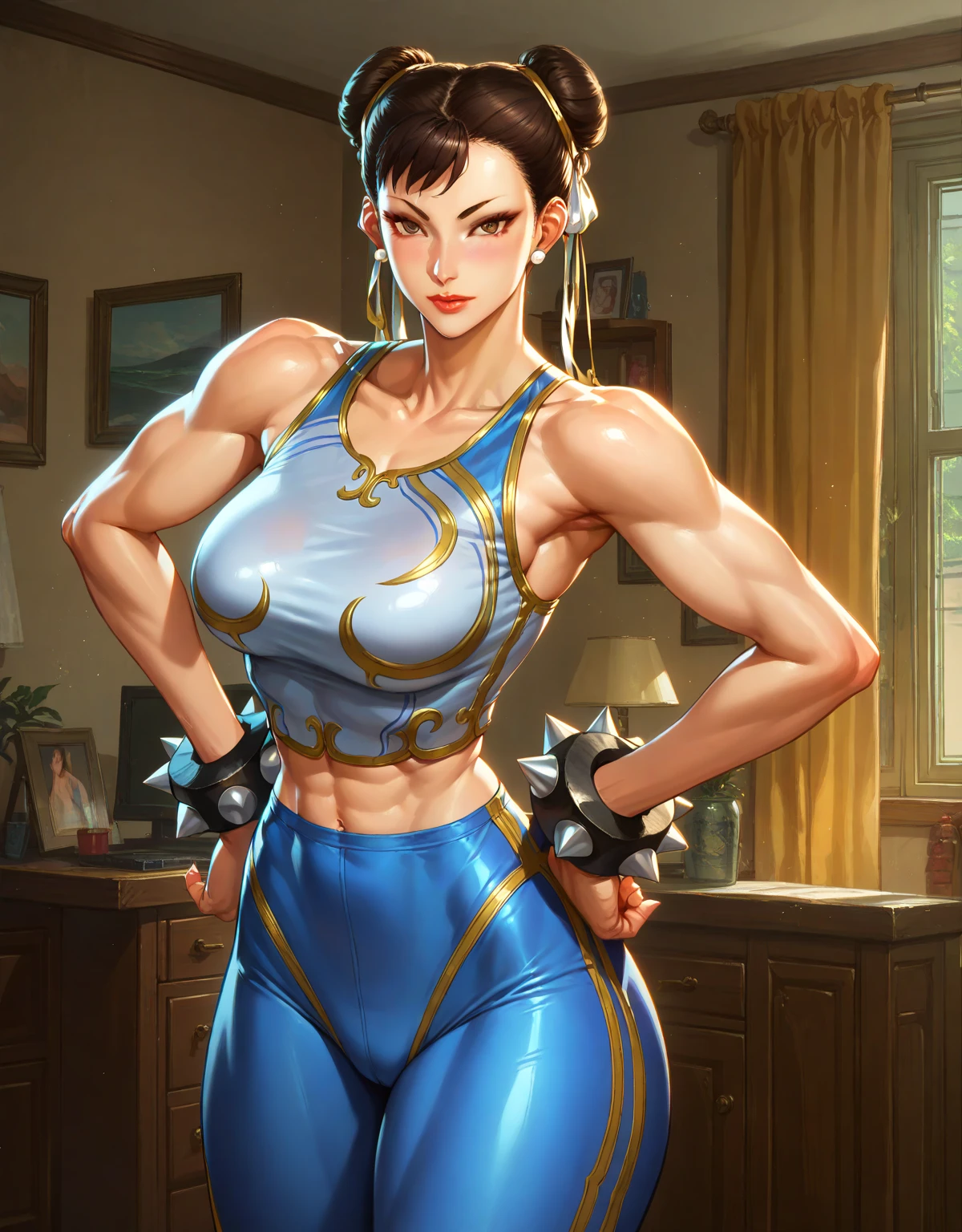 masterpiece, best quality,3d rending work ,3DMM style,close-up, 3D,1girl, solo, black hair, realistic, upper body, (urban city background, parted lips, choker, makeup, massive female bodybuilder, ((huge breasts:1.5)), cleavage, exposed stomach, toned abs, toned arms, chun li, hair buns, blue clothes