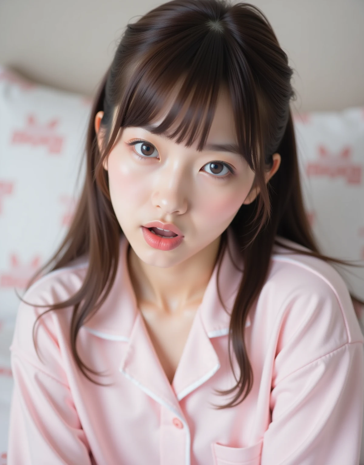 pastel colors t-shirt,off-shoulder look,bare shoulder,ollarbone,midriff peek,short shorts,,(open mouth:1.5),(tongue out:2),lying,finger to chin,overhead shot,side view,face focus,(1girl,Beautiful 14 year old girl,teenager),((Slender,Small breasts,Small face,)),(looking at viewer),Black Hair,bangs,one side up,Beautiful and detailed,(Dimly lit room:1.5),White bed,pillow,Mischievous smile
