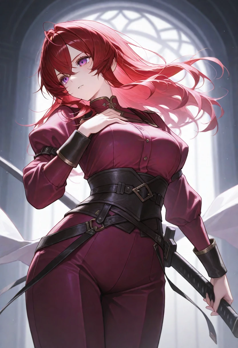 There's a woman in a dress holding a sword in the room, Yang J's concept art, CGSOCIETY competition winner, fantasy art, wlop and sakimichan, wlop and Krenz Cushart, gorgeous cosplay where she holds a sword, 2b, 2b, with a sword over her shoulder, stunning CGsociety. bove, UHD, masterpiece, ccurate, anatomically correct, textured skin, super detail, best quality, highres, thighs, natural breasts, wide buttocks, dark purple clothes, red cord straps, white stockings, long skirt, shadow