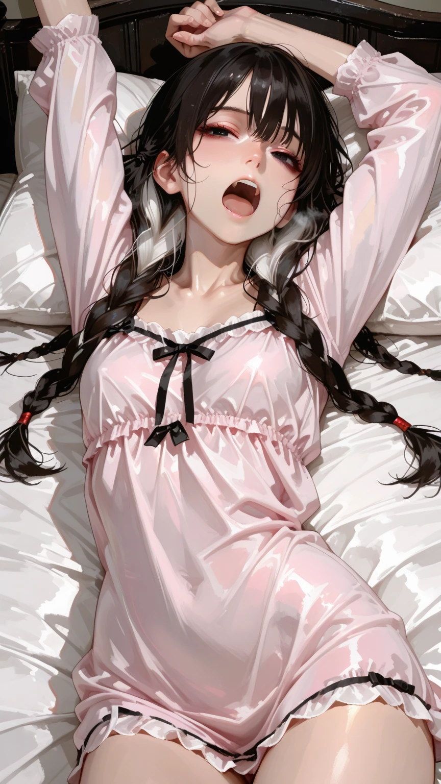 top-quality,tmasterpiece,Lying on her back in bed,Fluffy suspenders,Small shirts,Meticulous body,A shy look,,